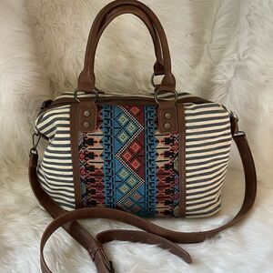 MMS Aztec embroidery and canvas beige and gray stripes Satchel brown trim